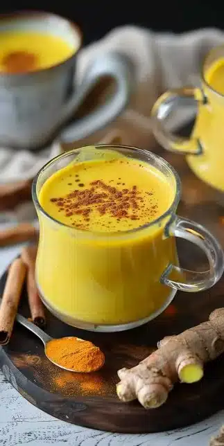 Golden Milk avec curcuma et gingembre dans une tasse