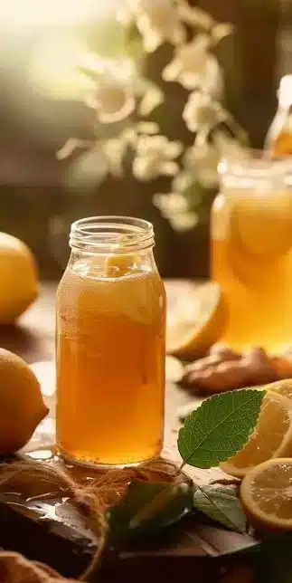 Bouteille de kombucha maison avec ingrédients naturels