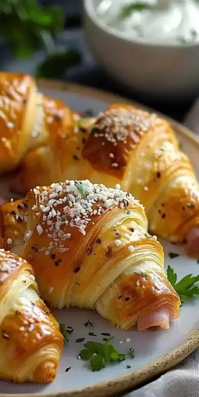 Mini croissants jambon fromage crème fraîche, savoureux et moelleux.
