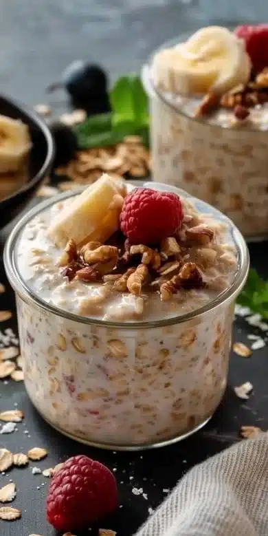Bol de Overnight Oats sain pour maigrir avec des fruits frais et des graines