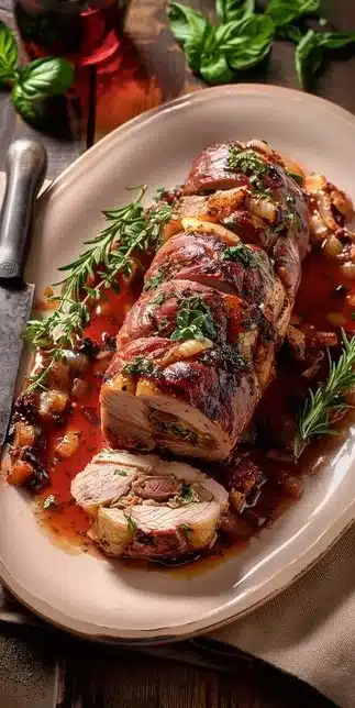 Roulade de veau cuite dans une friteuse à air, présentée sur une assiette