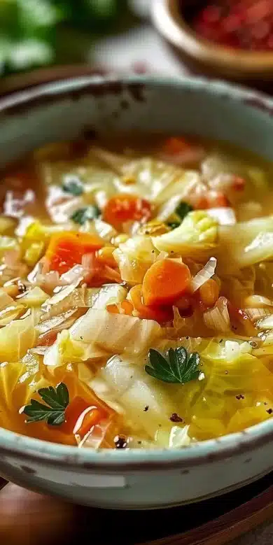 Delicious bowl of homemade soupe aux choux with fresh vegetables and herbs